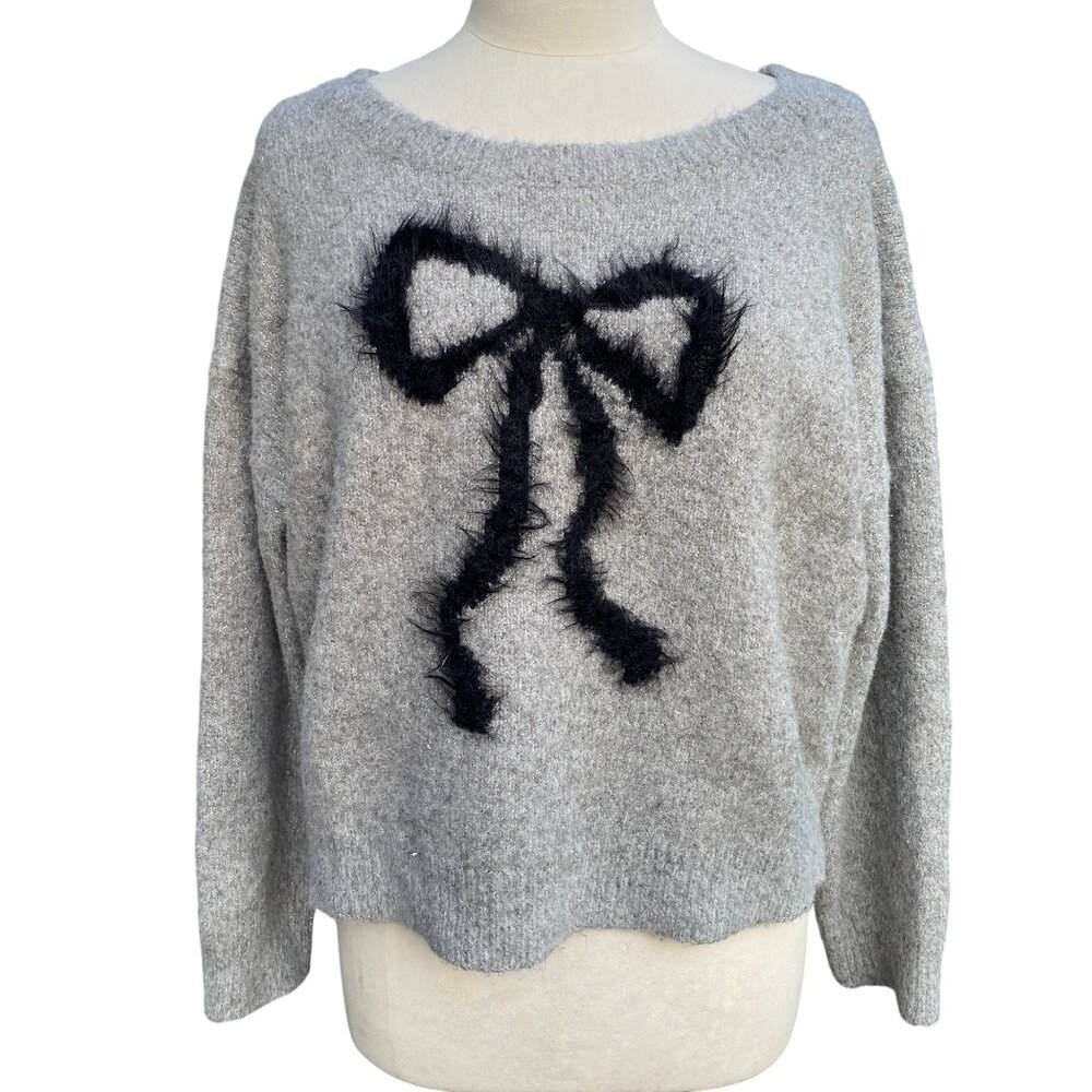 Maeve Gray Sweater with Black Fuzzy Bow